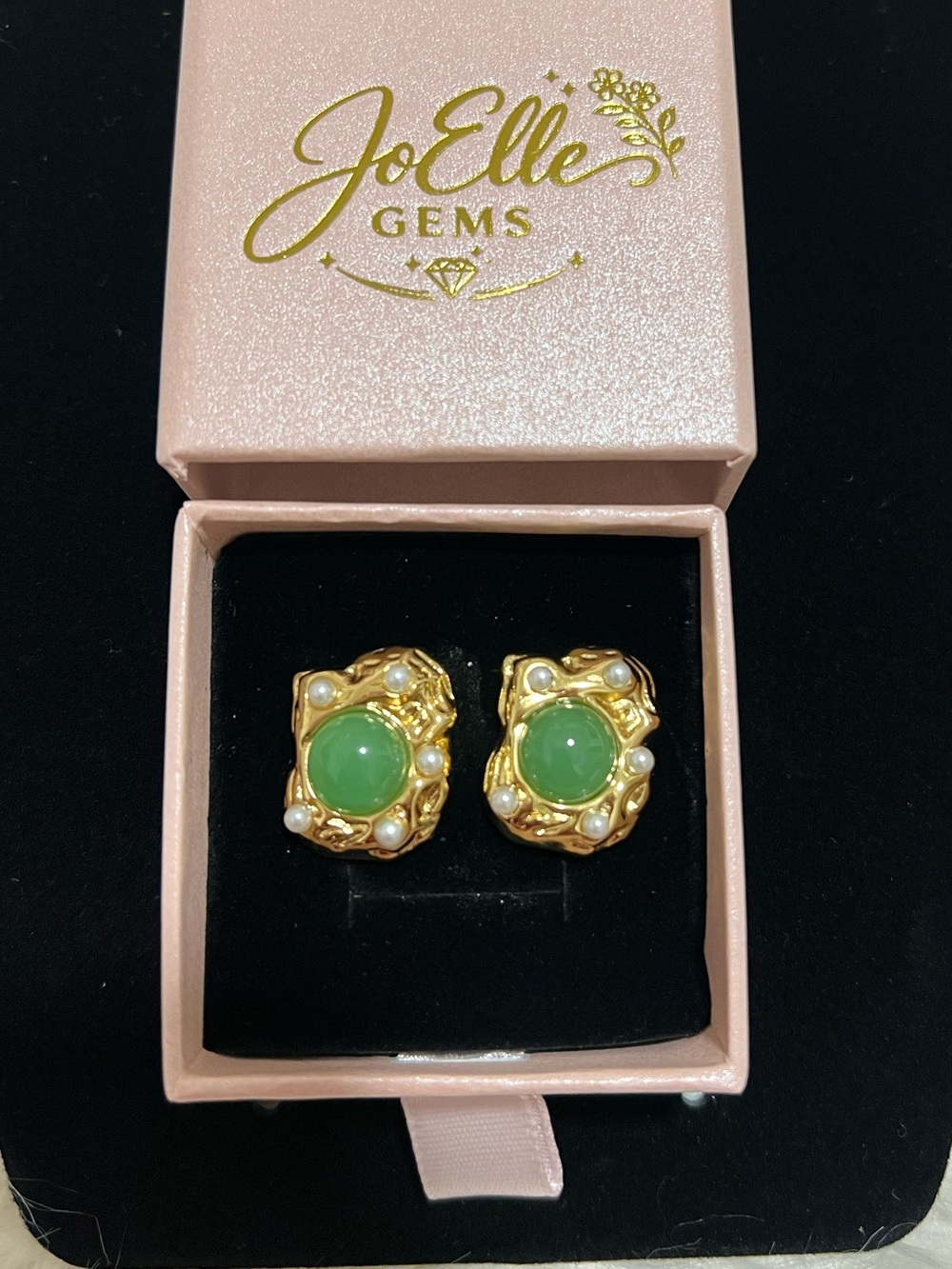 18K Gold-Plated Stainless Steel Green Stone Pearl Accent Stud Earrings NWT